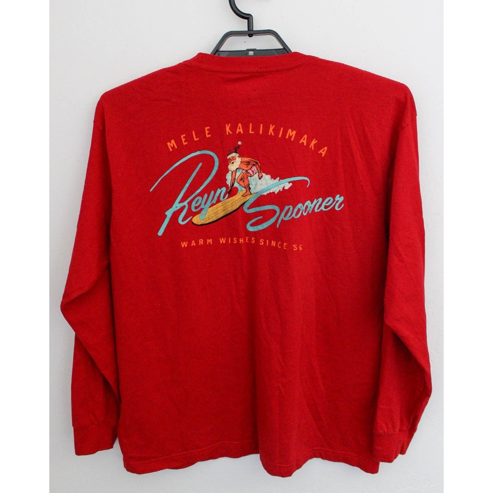 Reyn Spooner T-Shirt Mens Large Red Aloha Christmas Surfing Santa Long Sleeve